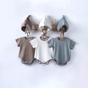 MR270 Newborn Cotton Boy Rompers Baby Boy Girl Short Sleeve Solid Jumpsuits Infant Toddler Outfit Baby Boys One Piece With hood 1