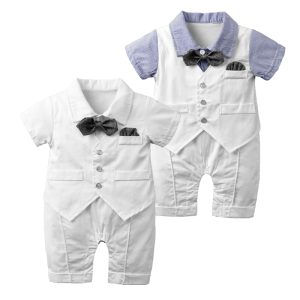 Newborn baby boys clothes summer short sleeve rompers with bow tie kids cotton formal birthday party gentleman clothing  MBR263 1