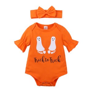 Newborn Baby Girls 2pcs Sets Infant Cartoon Print Cotton Romper Short Sleeve Toddler Kids Cute Orange Outfits MBR2305 1