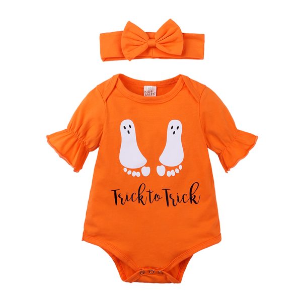 Newborn Baby Girls 2pcs Sets Infant Cartoon Print Cotton Romper Short Sleeve Toddler Kids Cute Orange Outfits MBR2305 1