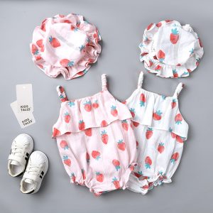 Summer Cute Baby Girls Romper Jumpsuit With Hat Strawberry Printed Outfits Sunsuit Set New 0-24M Children Kids Clothes MBR284 1