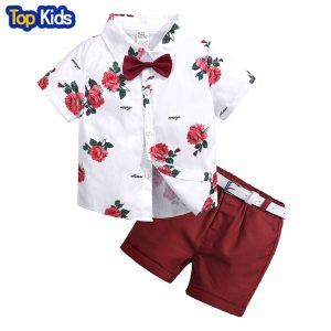 boys clothing sets summer gentleman suits short sleeve rose shirt+shorts+belt 3pcs kids clothes children set for 2-7 years MB459 1