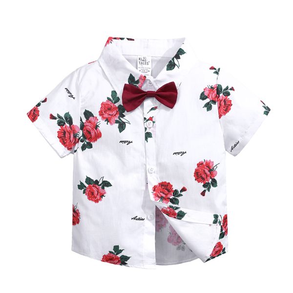 boys clothing sets summer gentleman suits short sleeve rose shirt+shorts+belt 3pcs kids clothes children set for 2-7 years MB459 2