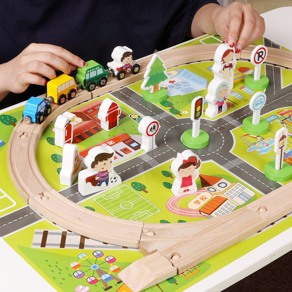 DIY Wooden Train Track Traffic Accessaries Toy Set Rail Bridge Station Magnetic Car Model Railway Educational Kids Gift 6