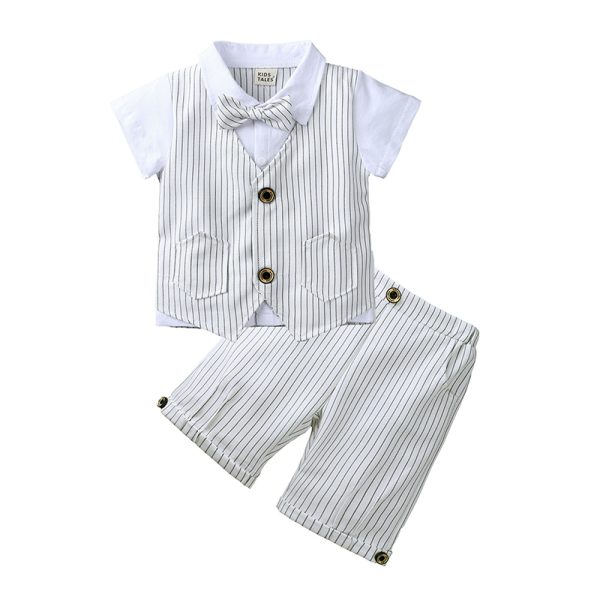 Fashion baby boy clothes short sleeve Striped T shirt+pants+Bow tie 3cps gentleman baby clothing set newborn kid wedding MB519 2