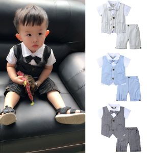 Fashion baby boy clothes short sleeve Striped T shirt+pants+Bow tie 3cps gentleman baby clothing set newborn kid wedding MB519 1