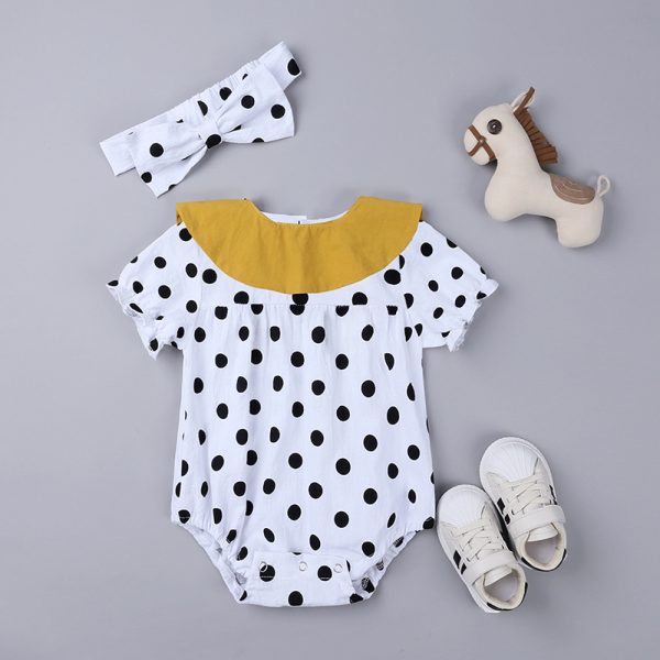 Summer Cute Baby Girls Romper Dot Short Sleeve  Jumpsuit With Headband Casual Outfits Sunsuit Set Baby Kids Clothes MBR289 4
