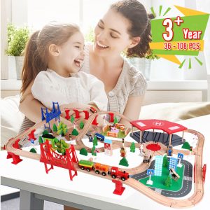 DIY Wooden Train Track Traffic Accessaries Toy Set Rail Bridge Station Magnetic Car Model Railway Educational Kids Gift 1