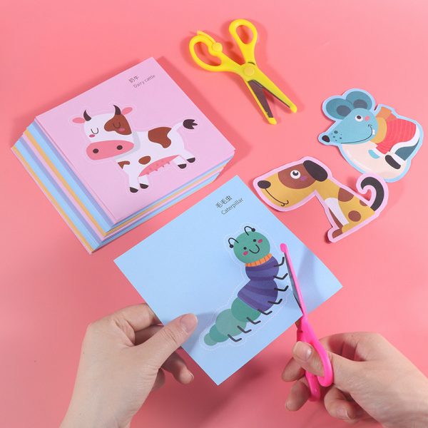 Children Paper-Cut Set Handmade DIY Stickers With Scissor Fancy Toy Cartoon Kids Arts Crafts Gift Montessori Educational Toys 4
