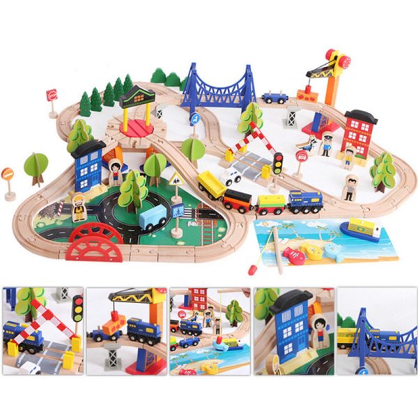 DIY Wooden Train Track Traffic Accessaries Toy Set Rail Bridge Station Magnetic Car Model Railway Educational Kids Gift 2