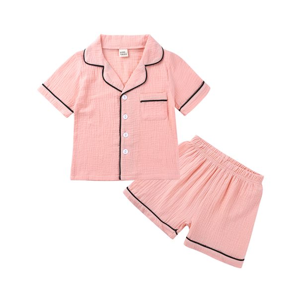 Summer children pajamas suit cotton linen kids soild pajamas set boys homewear pure girls short sleeve 2pcs pyjamas set Cute 2